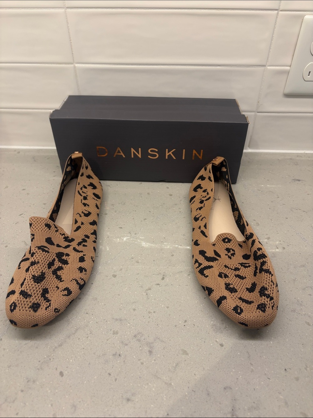New in Box Danskin Tan and Black Leopard Knit Slip-On Flats